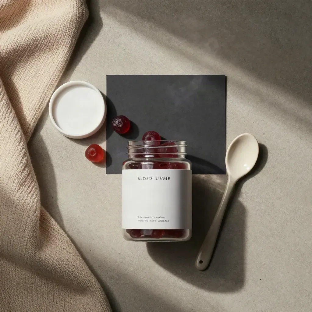 Overhead flatlay of open sleep gummies jar, spoon, cloth, and scattered gummies on concrete.