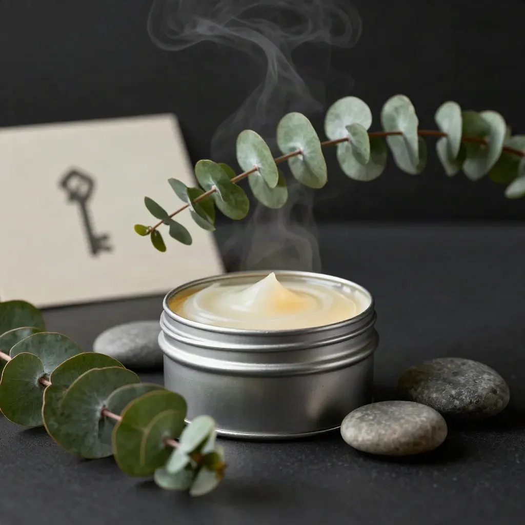 Open balm tin with eucalyptus and pebbles in a dark dramatic studio shot
