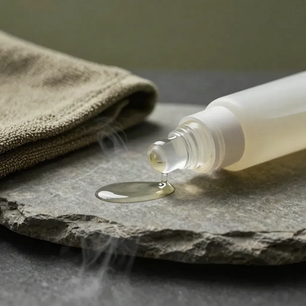 Macro of a CBD recovery roll-on, glass tip, stone, towel fold and glossy streak in cool vapor.