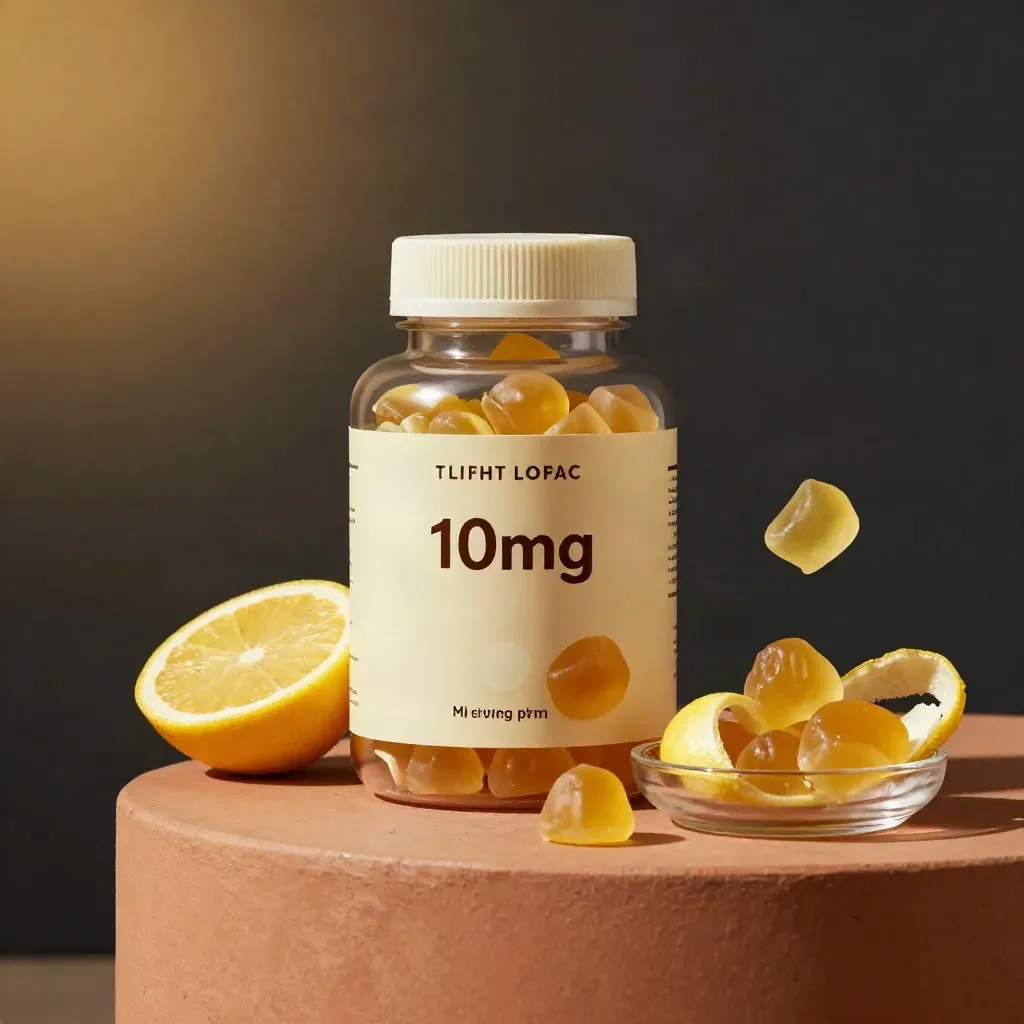 Lemon gummies jar with citrus slices, bouncing gummies, and a glass dish on terracotta clay.