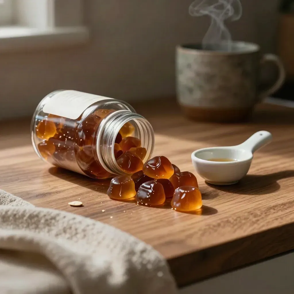 Amber sleep gummies jar with berry gummies spilling beside a ceramic scoop on a walnut counter