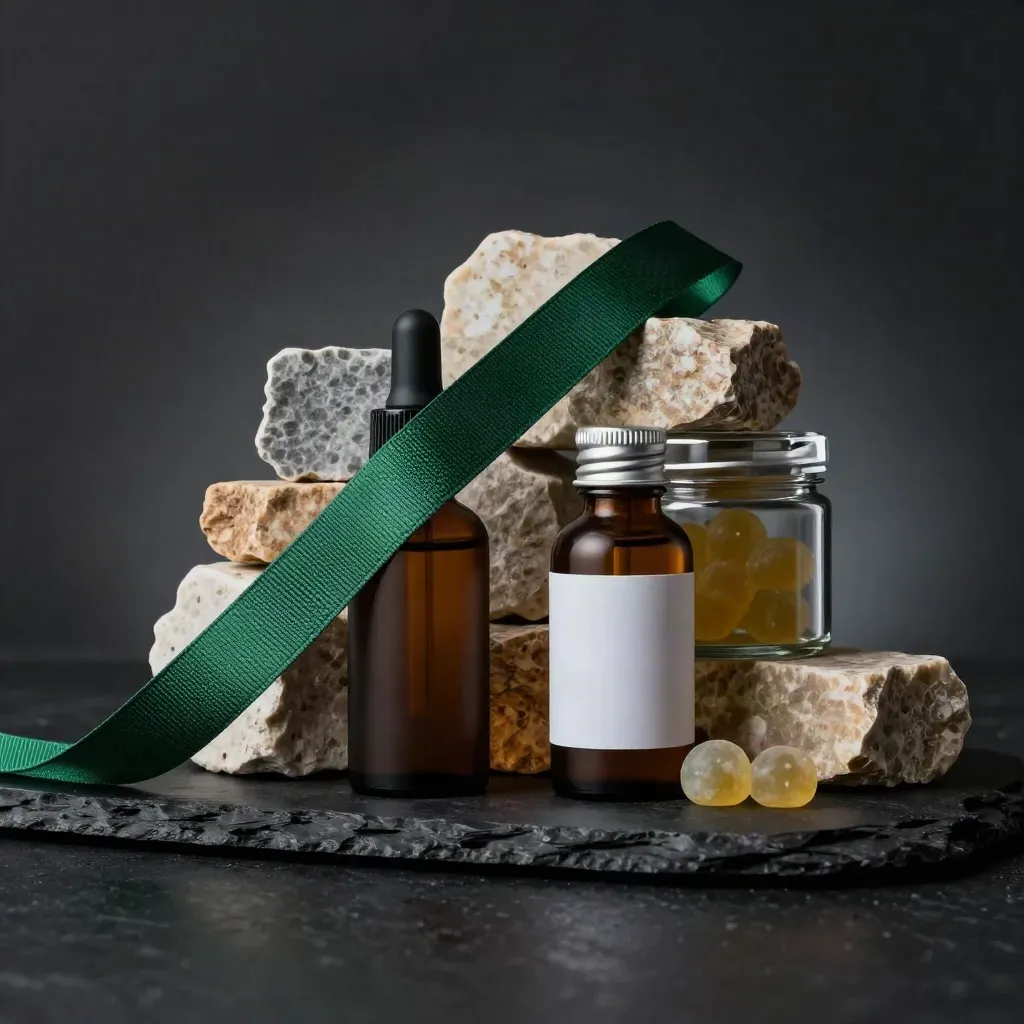 CBD oil bottle and gummies jar with stone blocks and green ribbon on dark surface