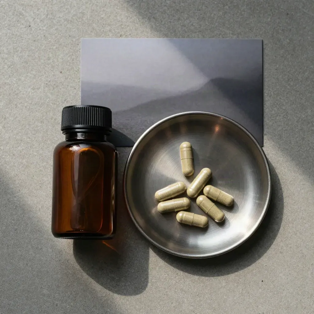 Overhead flatlay of a CBD capsule bottle, brushed metal dish, and capsules in a neat row on concrete.