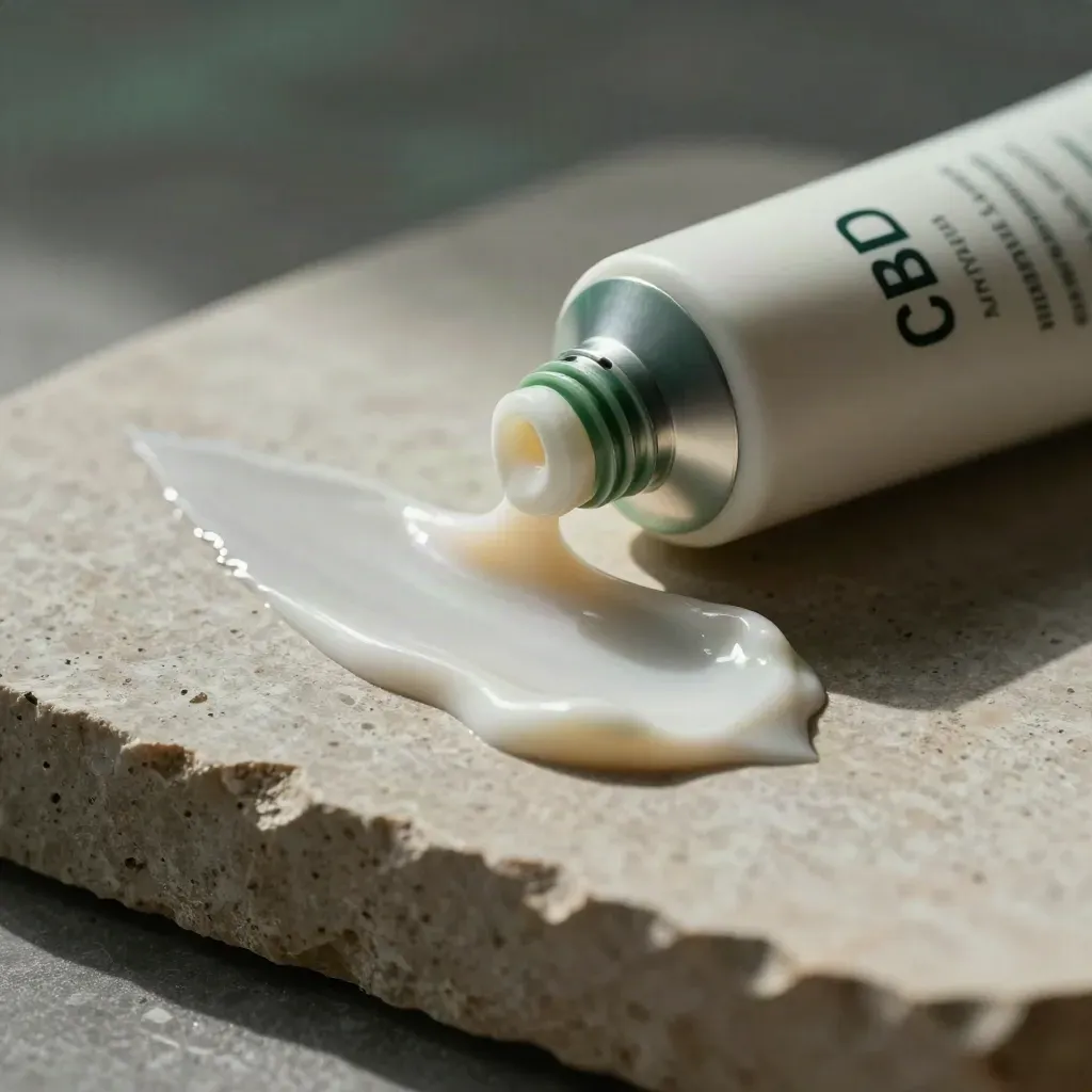 Macro of an open CBD arnica cream tube with a cream swipe on stone and soft vapor.