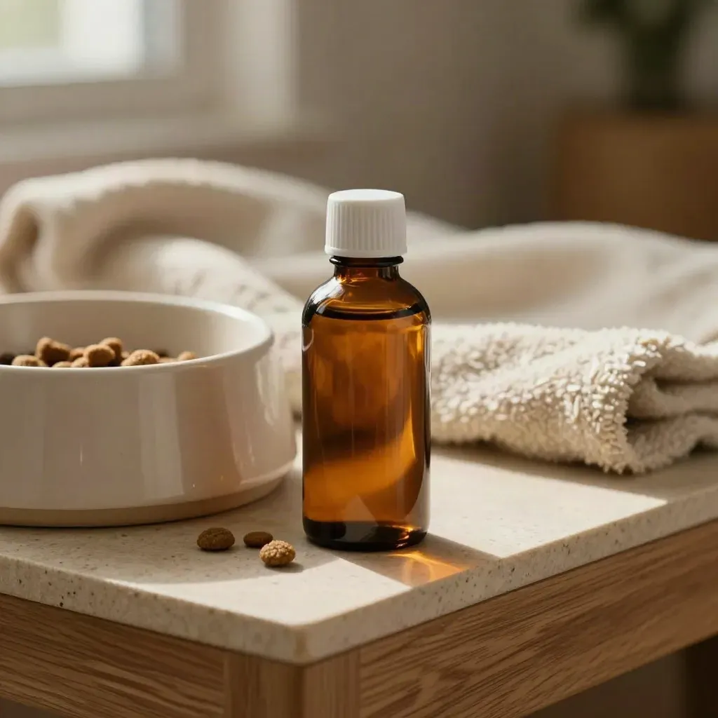Amber pet oil drops bottle beside a ceramic kibble bowl and cream blanket fold.