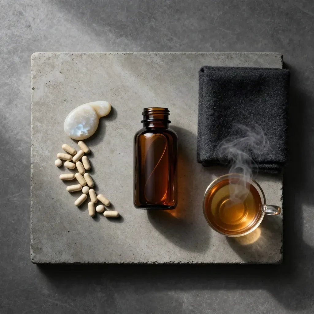 Overhead flatlay of nighttime CBD capsules with moonstone, blanket, and tea steam on concrete.