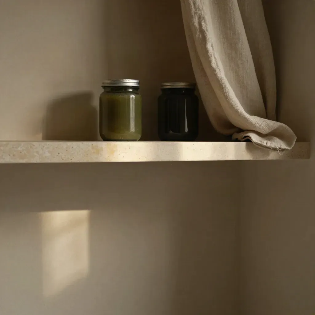 Sunlit limestone niche with blurred sleep gummies, linen curtain edge, and calm copy space